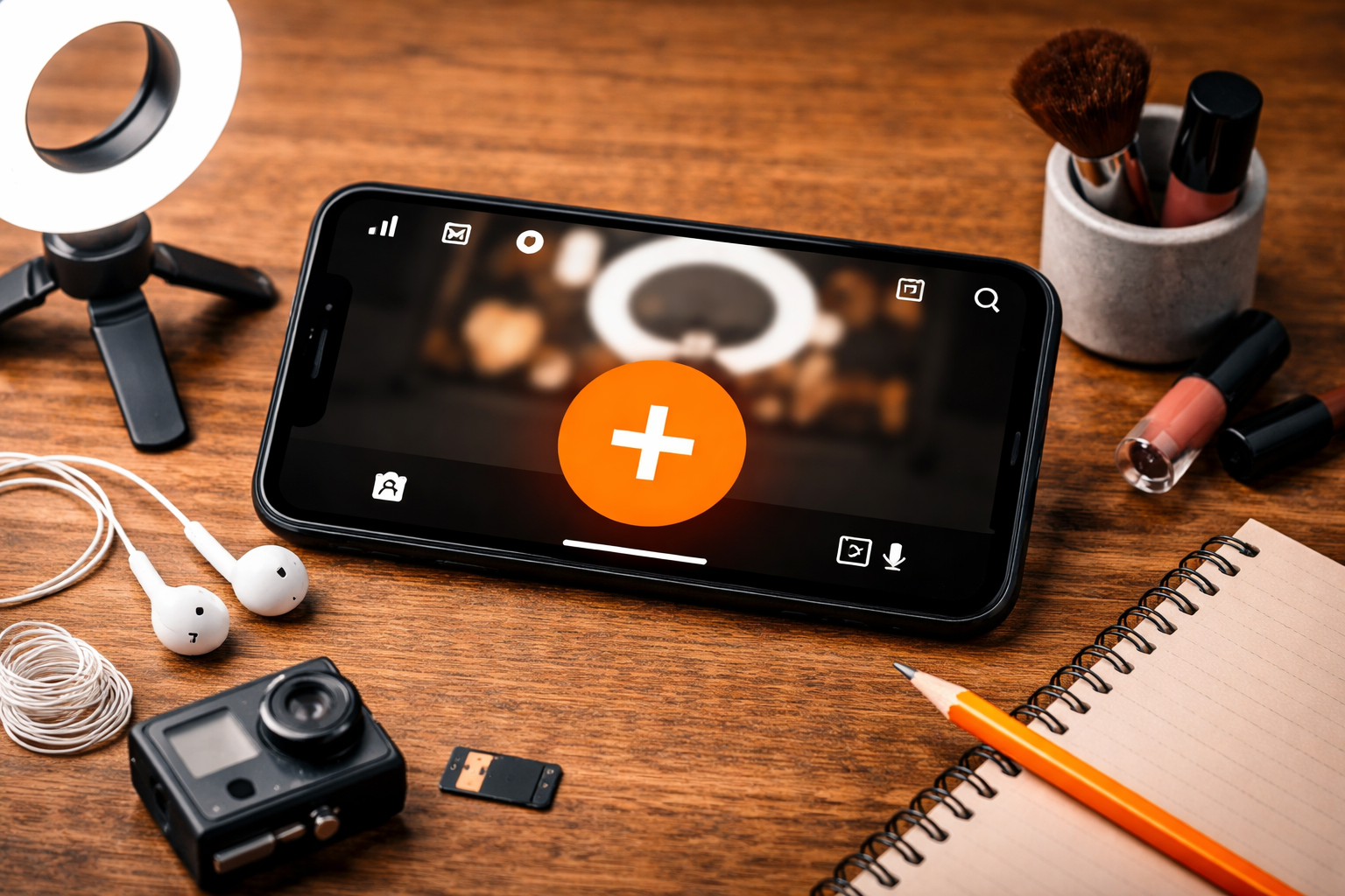 Celular com o botão de publicar vídeo no Kwai rodeado de equipamentos de criação de conteúdo Celular com o botão de publicar vídeo no Kwai rodeado de equipamentos de criação de conteúdo