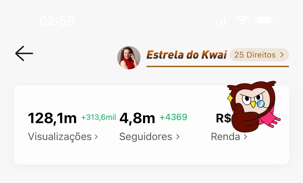 Central do Criador do Kwai de Tati Explica mostrando 128 milhões de visualizações, 4,8 milhões de seguidores e campo de renda com status Estrela do Kwai