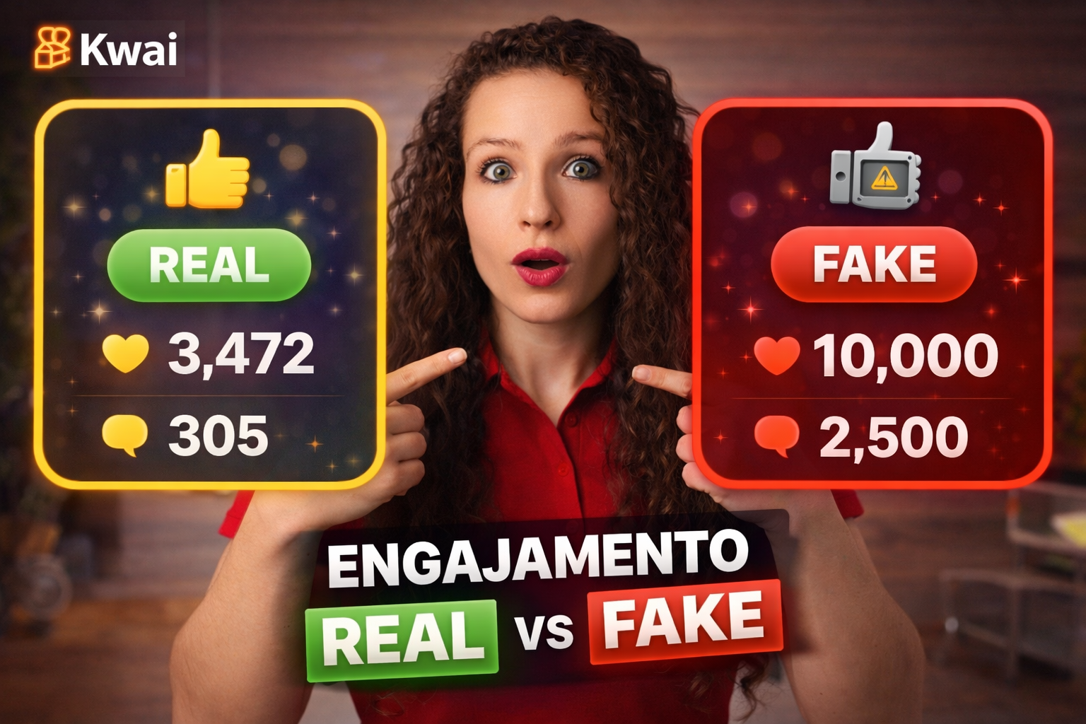 Comparação entre engajamento real e fake no Kwai mostrando a diferença de qualidade dos resultados