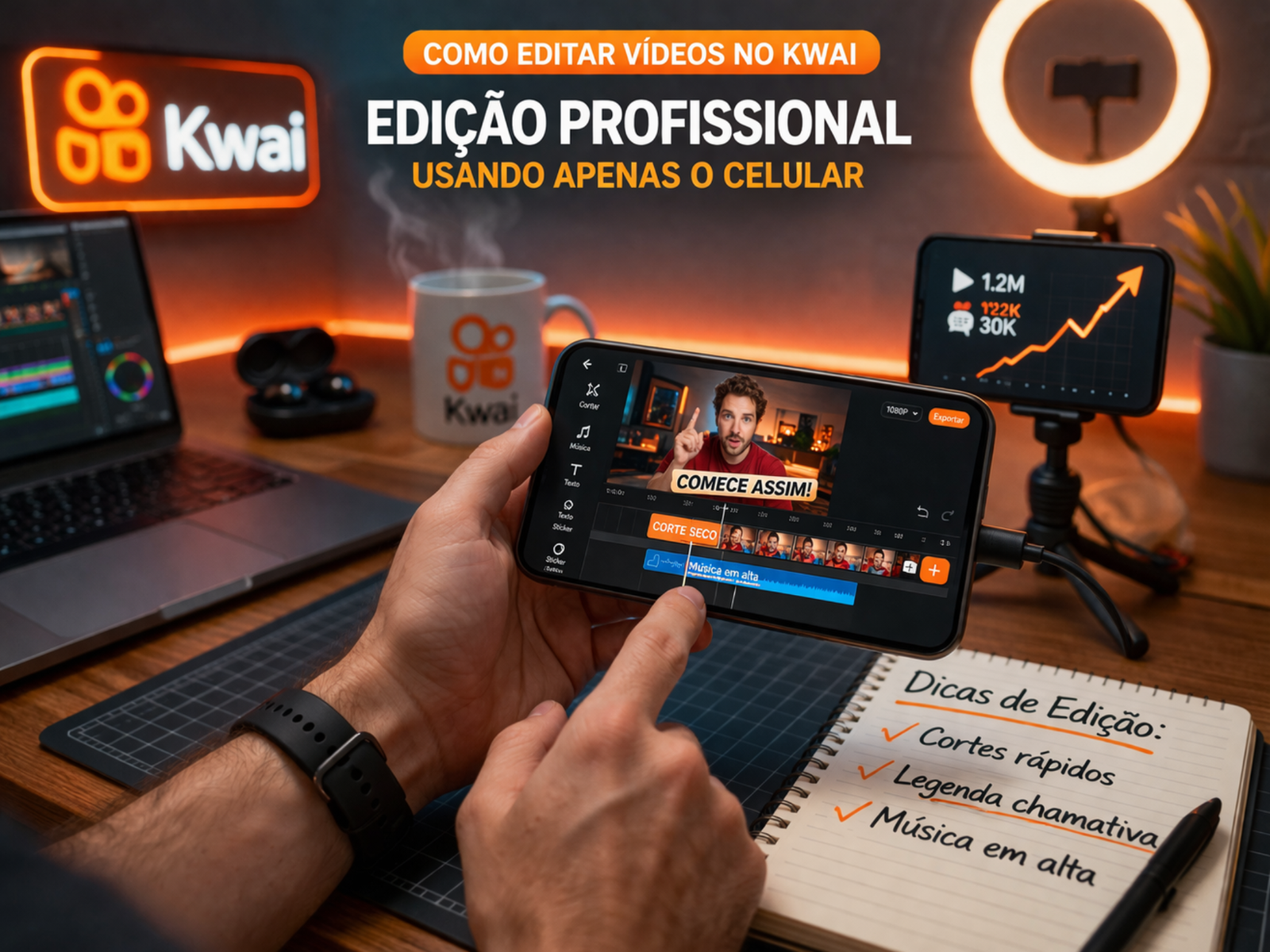 Checklist de edição de vídeos no Kwai com dicas de cortes rápidos, legenda chamativa e música em alta