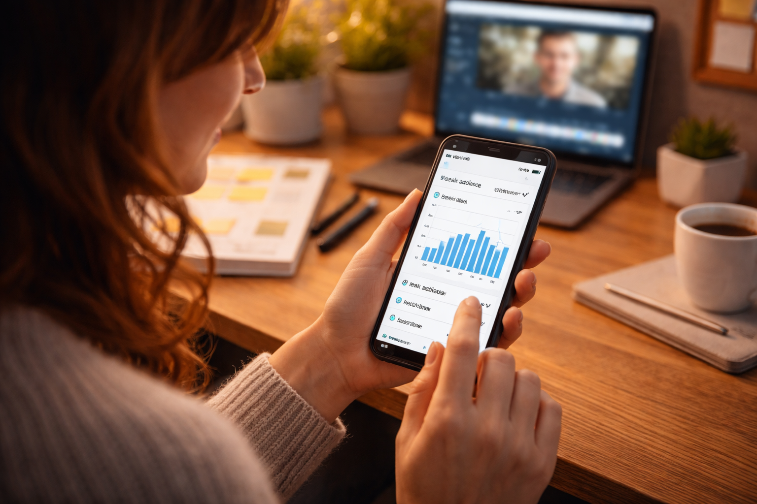 Criadora analisando gráfico de horários de pico de audiência no celular para definir melhor horário de postagem no Kwai Criadora analisando gráfico de horários de pico de audiência no celular para definir melhor horário de postagem no Kwai