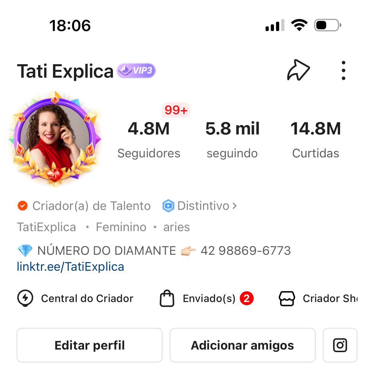 Perfil oficial de Tati Explica no Kwai com 4,8 milhões de seguidores, 14,8 milhões de curtidas e selo de Criadora de Talento
