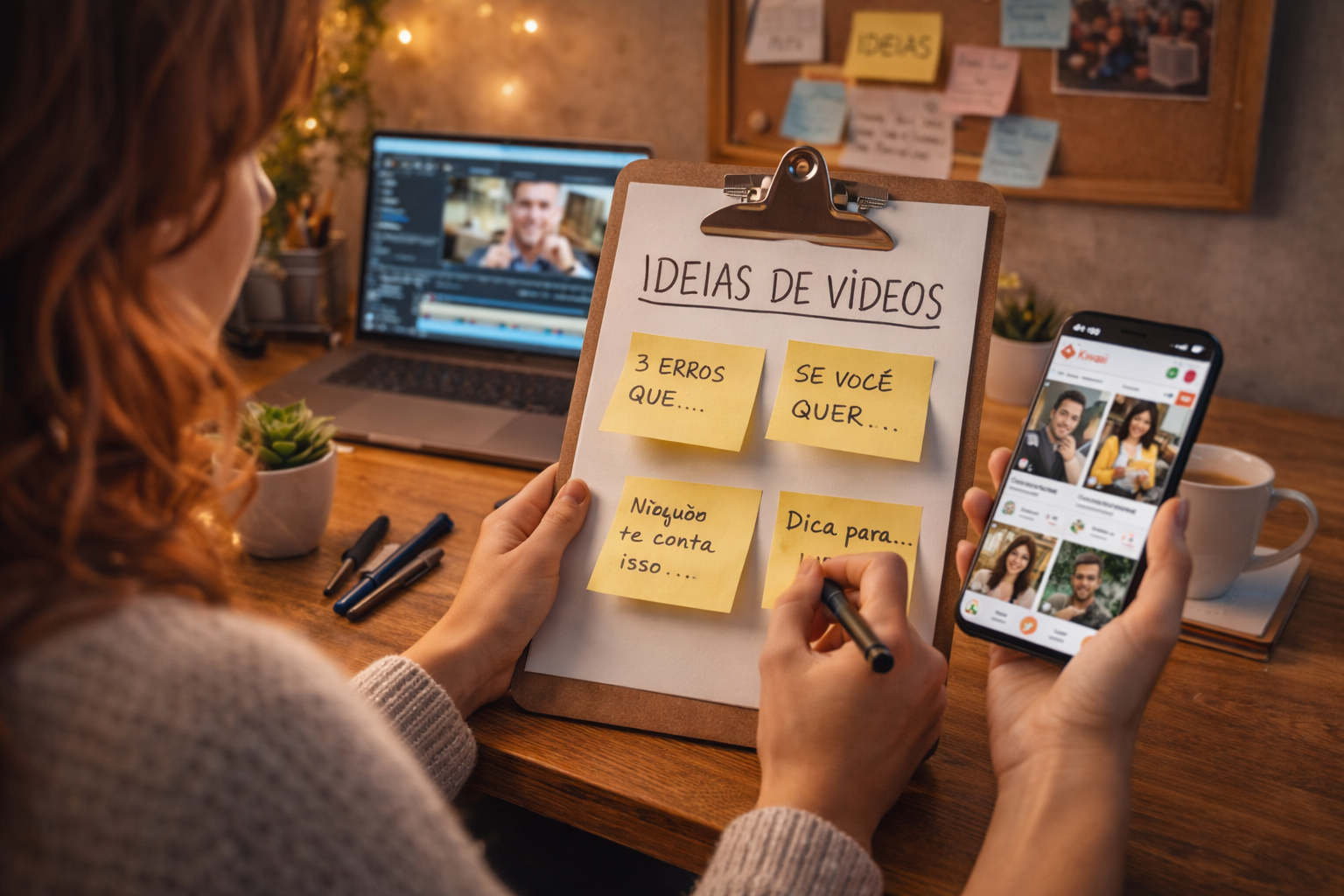 Prancheta com ideias de vídeos para o Kwai em post-its com ganchos como 3 erros que, ninguém te conta isso e dica para