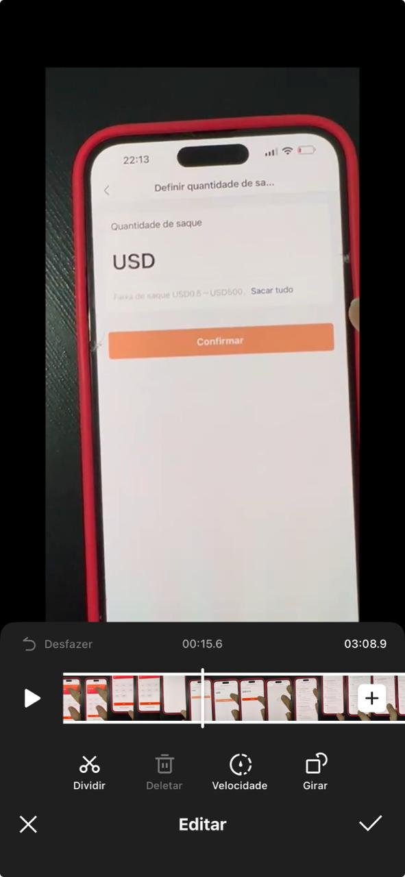 Tela de edição do Kwai mostrando ferramentas de corte, velocidade e timeline do vídeo