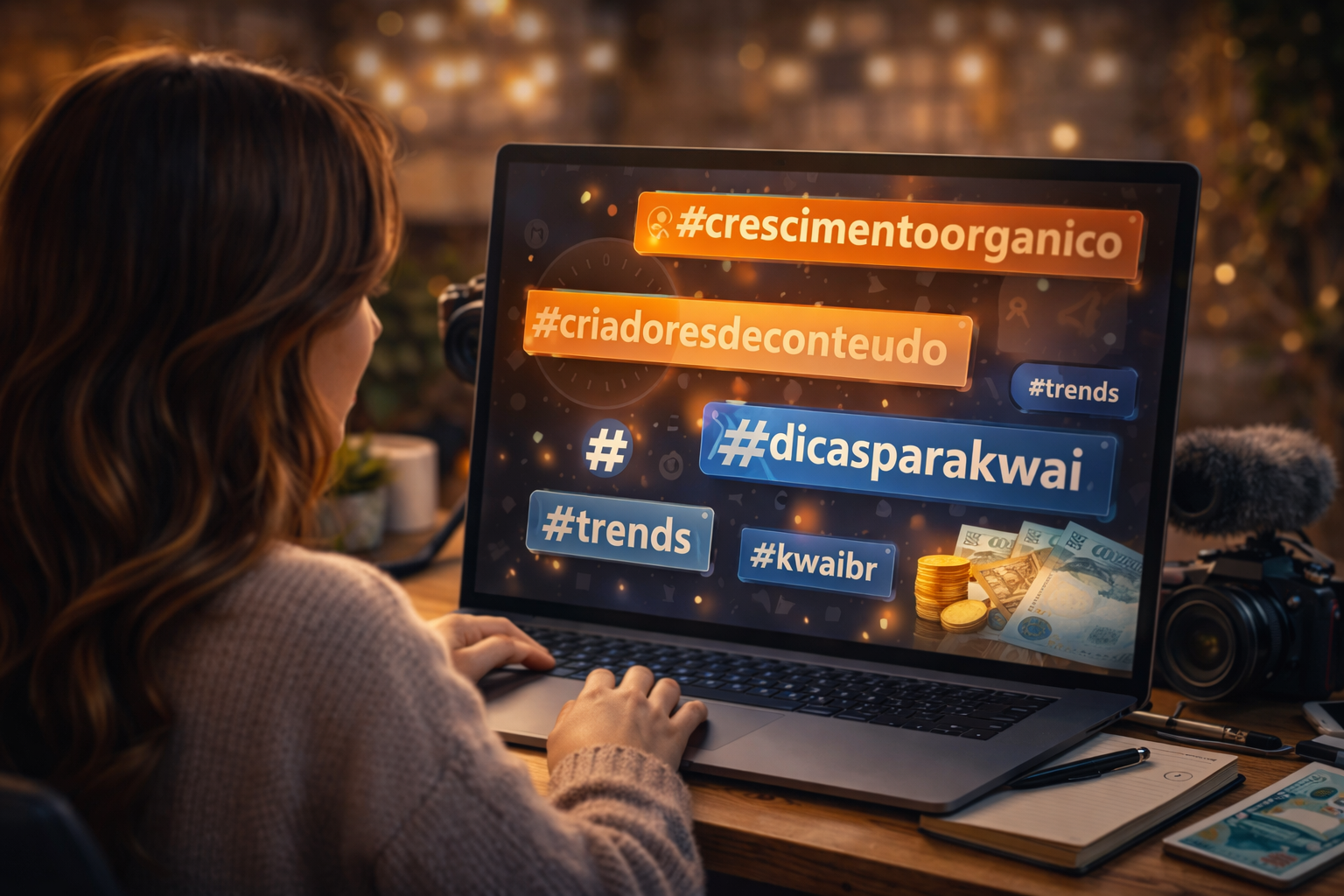 Tela de notebook mostrando hashtags do Kwai em português como crescimentoorganico, criadoresdeconteudo e dicasparakwai