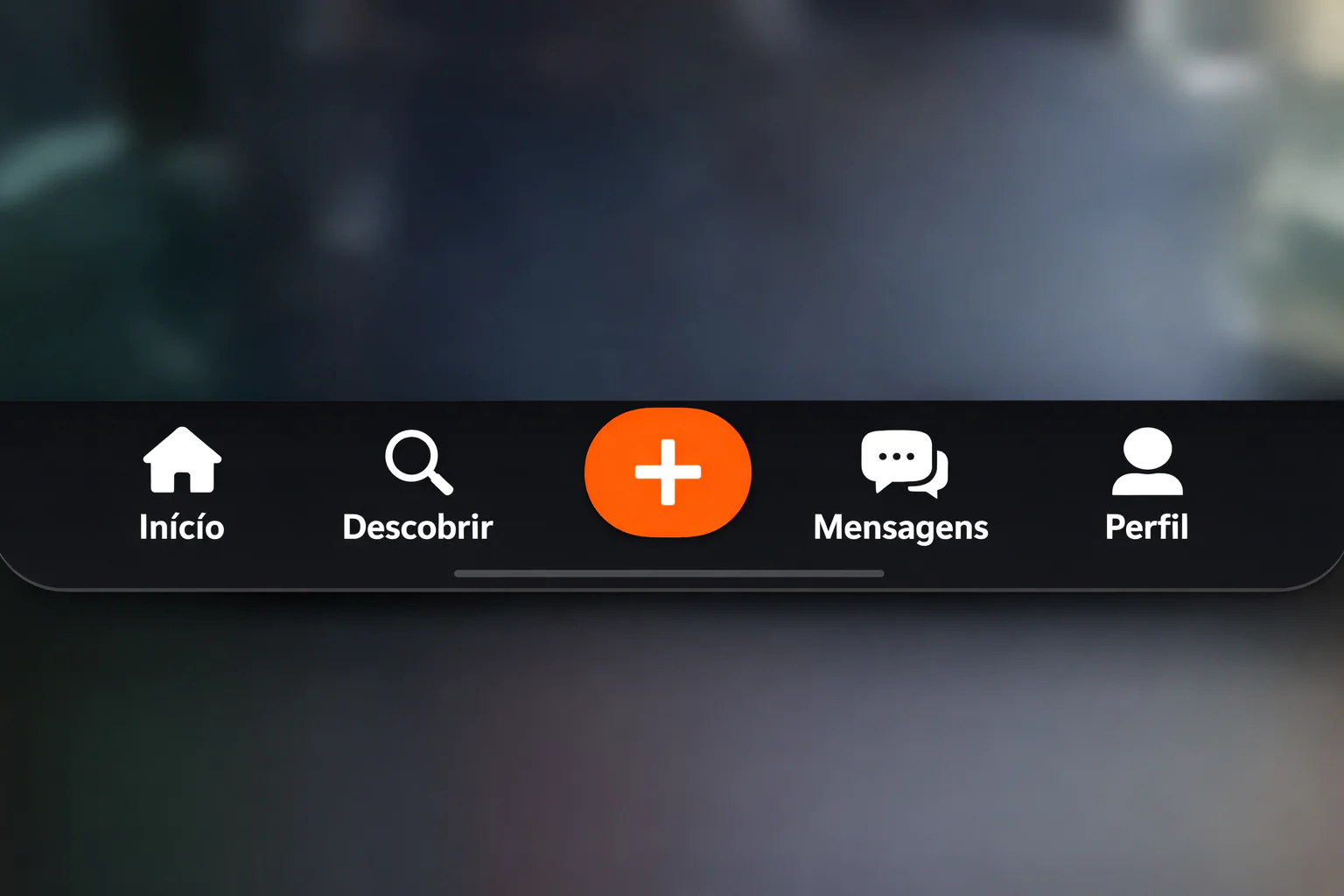 Barra de navegação do aplicativo Kwai com os botões Início, Descobrir, criar vídeo, Mensagens e Perfil