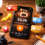 Celular com métricas de crescimento no Kwai mostrando visualizações e engajamento rodeado de equipamentos de criação de conteúdo