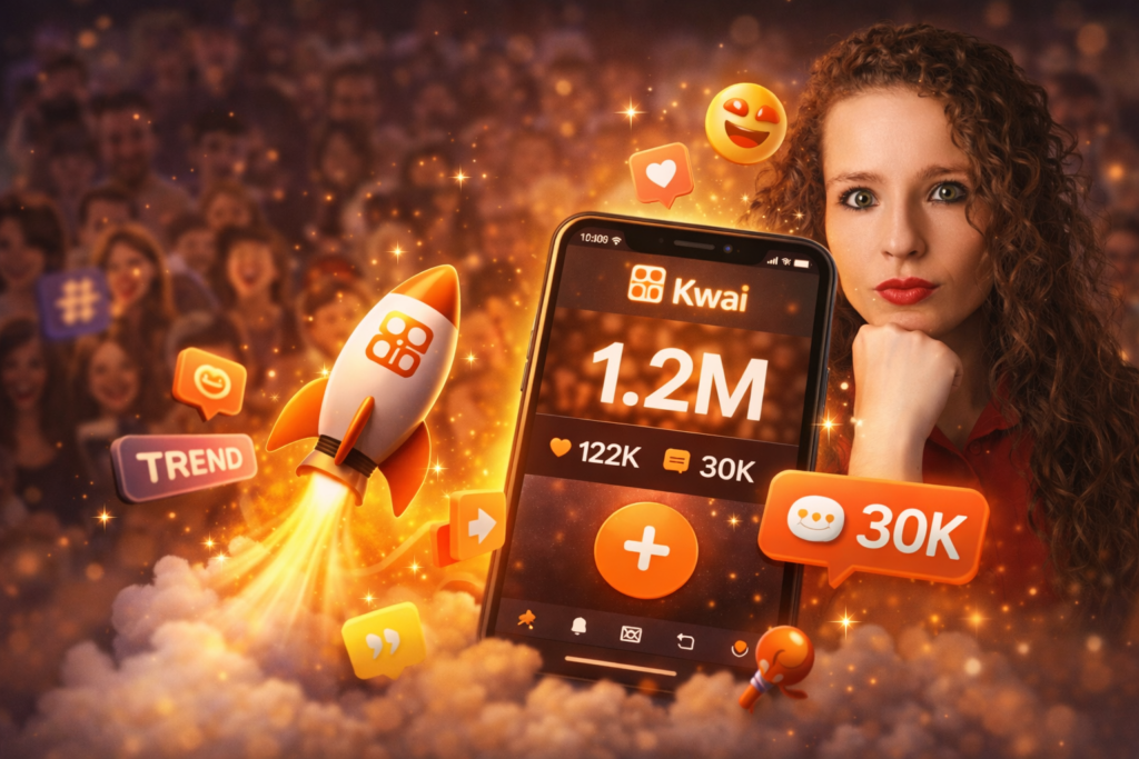 Celular com o Kwai mostrando 1,2 milhão de visualizações com elementos de viralização e crescimento orgânico