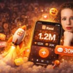 Celular com o Kwai mostrando 1,2 milhão de visualizações com elementos de viralização e crescimento orgânico