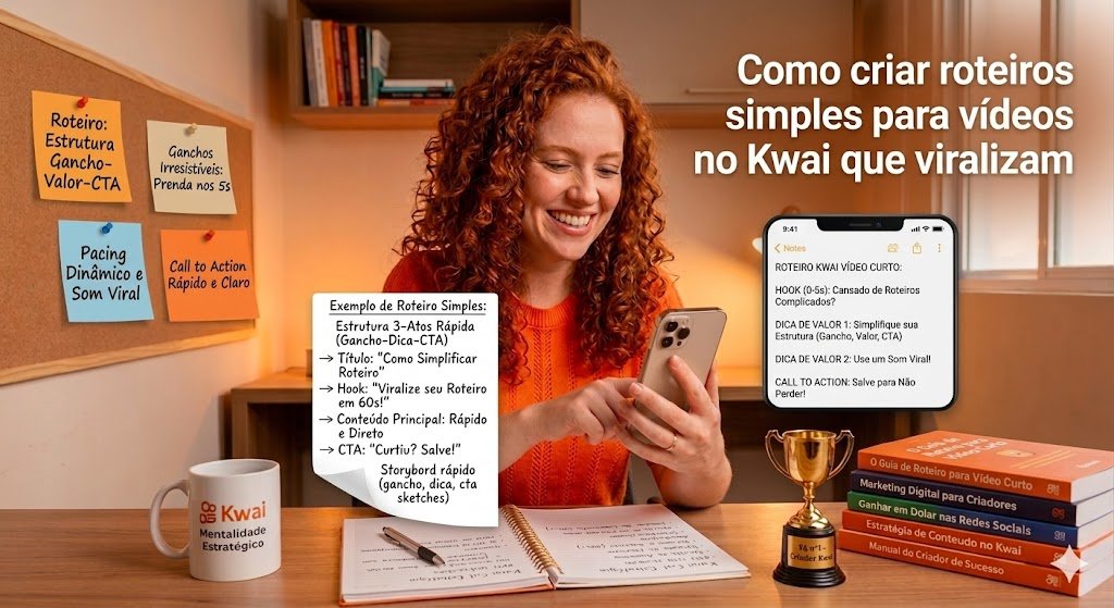 Mulher de cabelos cacheados ruivos e blusa laranja sorrindo para o celular, com post-its sobre roteiros, caneca do Kwai e troféu na mesa, ilustrando como criar roteiros simples para vídeos no Kwai que viralizam