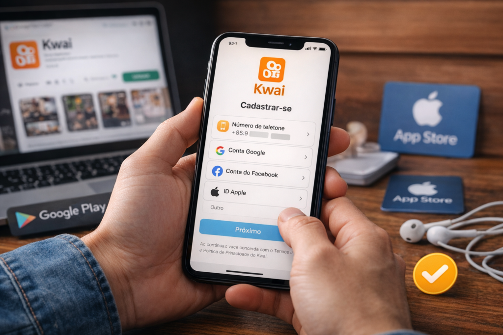 Tela de cadastro do aplicativo Kwai com opções de login por telefone, Google, Facebook e Apple