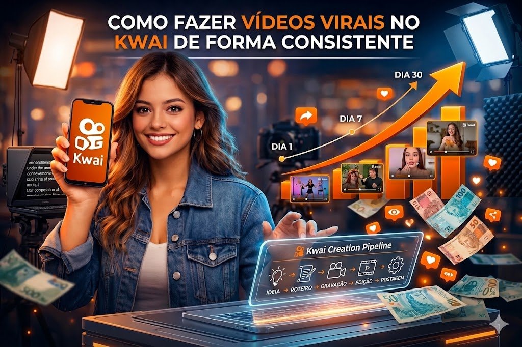 Como fazer vídeos virais no Kwai de forma consistente mostrando evolução do dia 1 ao dia 30 com pipeline de criação de conteúdo