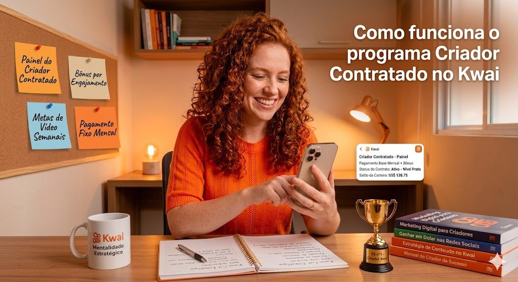 Mulher de cabelos cacheados ruivos e blusa laranja sorrindo para o celular, com post-its sobre o Criador Contratado, caneca do Kwai e troféu na mesa, ilustrando como funciona o programa Criador Contratado no Kwai