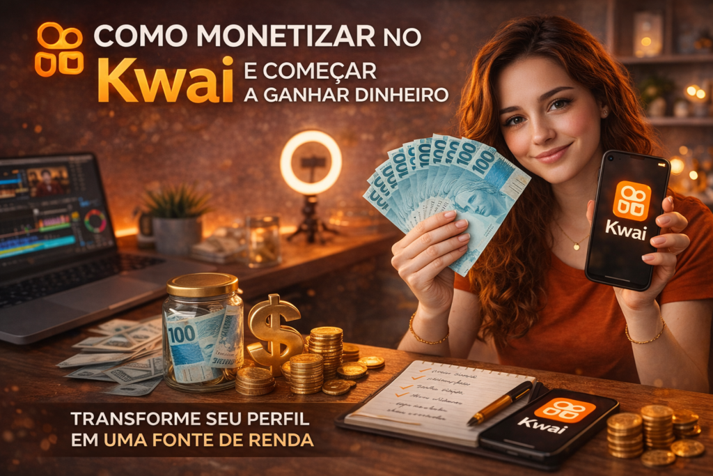Como monetizar no Kwai e transformar seu perfil em uma fonte de renda segurando celular com o app e notas de real