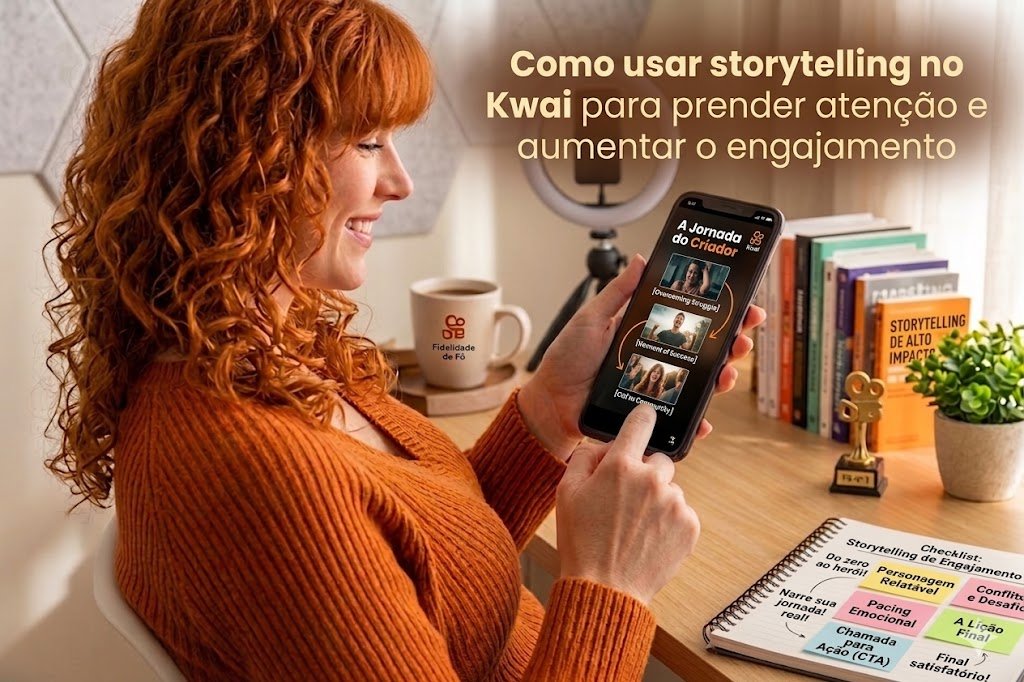 Como usar storytelling no Kwai para prender atenção e aumentar o engajamento com checklist de narrativa e jornada do criador