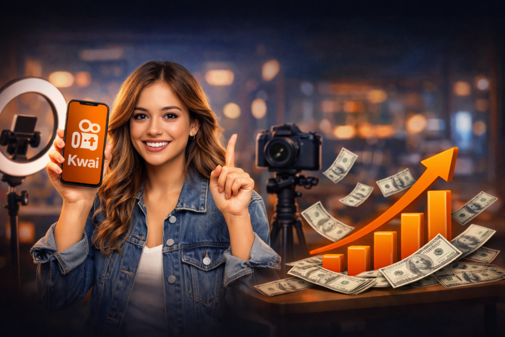 Criadora de conteúdo segurando celular com o Kwai com gráfico de crescimento e dinheiro ao fundo representando como crescer no Kwai do zero
