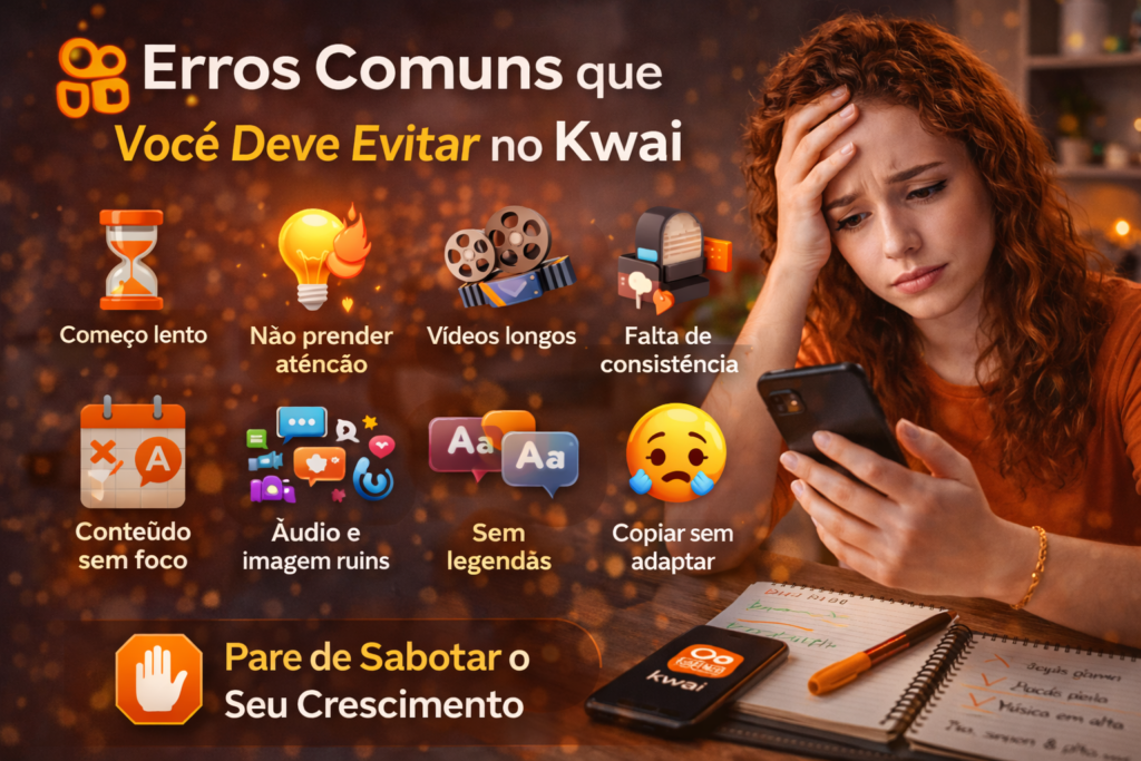 Erros comuns que você deve evitar no Kwai: começo lento, vídeos longos, falta de consistência, sem legendas e outros erros que travam o crescimento
