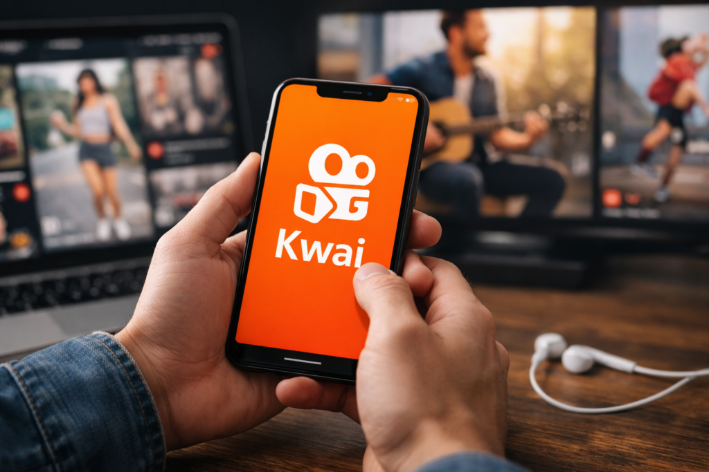 Interface do aplicativo Kwai mostrando feed de vídeos curtos no celular