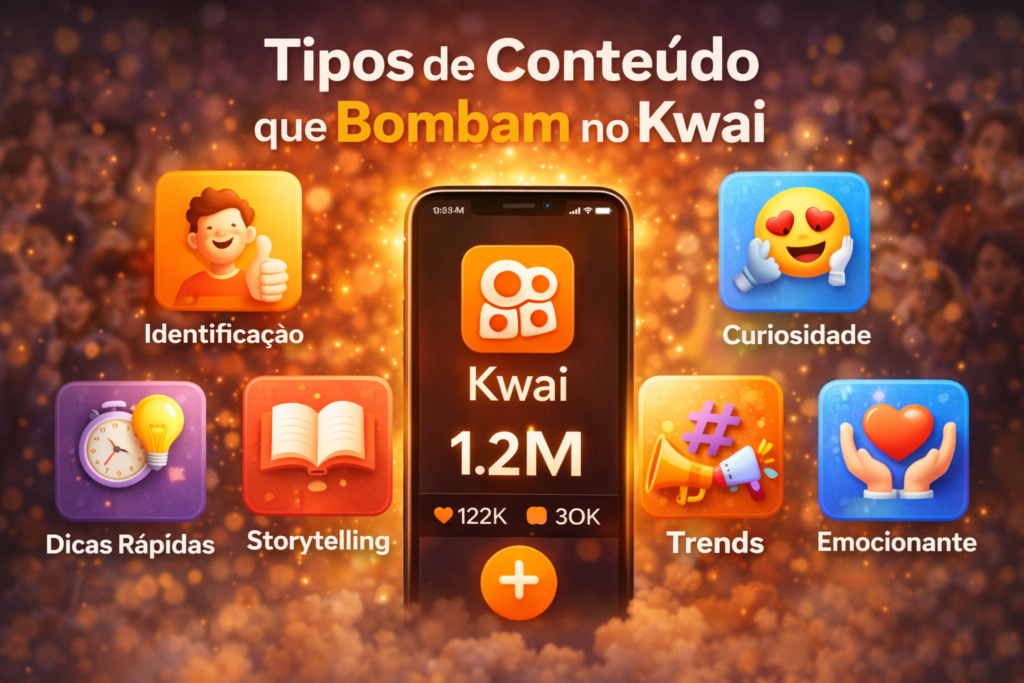 Tipos de conteúdo que bombam no Kwai identificação, curiosidade, dicas rápidas, storytelling, trends e emocionante