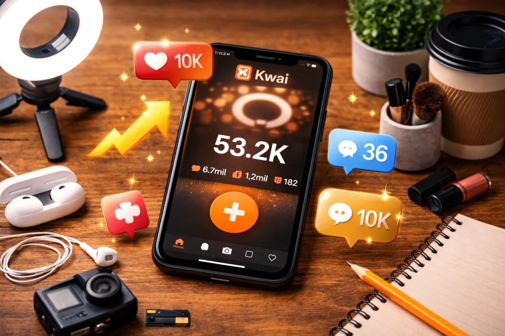 Celular com métricas de crescimento no Kwai mostrando visualizações e engajamento rodeado de equipamentos de criação de conteúdo