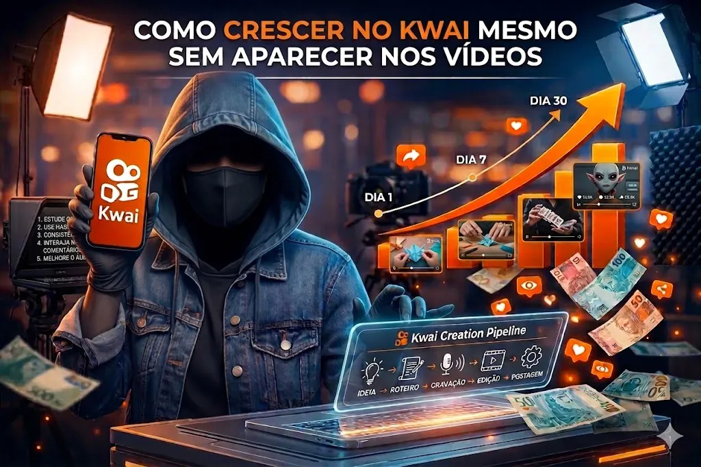 Como crescer no Kwai sem aparecer nos vídeos com criador anônimo encapuzado segurando celular com o Kwai