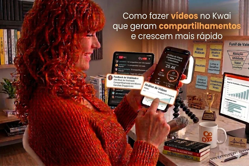 Como fazer vídeos no Kwai que geram compartilhamentos e crescem mais rápido com análise de viralidade e feedback de compartilhamento em massa