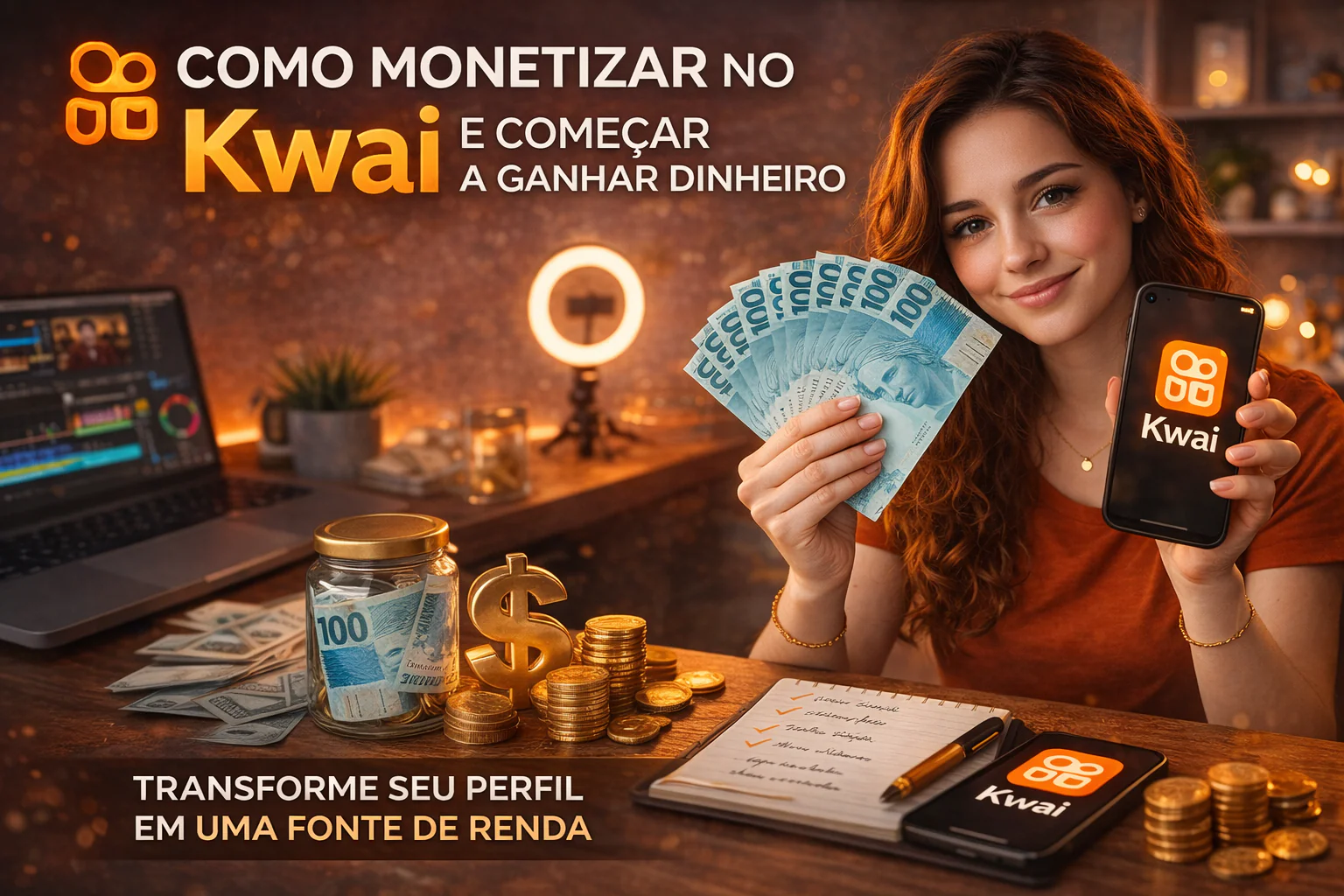 Como monetizar no Kwai e transformar seu perfil em uma fonte de renda segurando celular com o app e notas de real